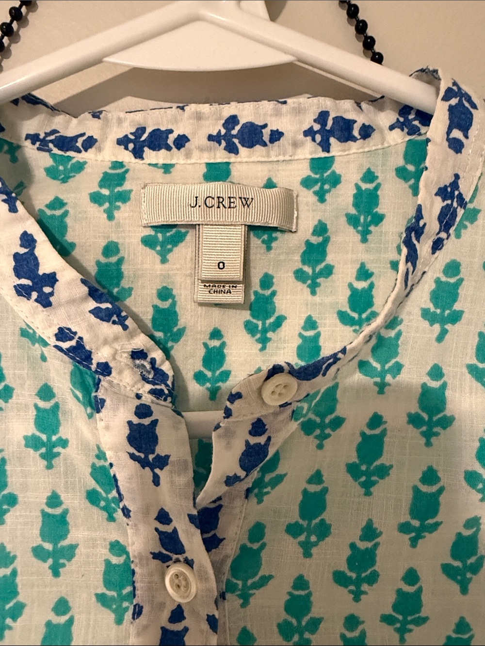 J. Crew White Button-Front Shirt with Teal Allover Print and Blue Trim - Picture 2 of 7